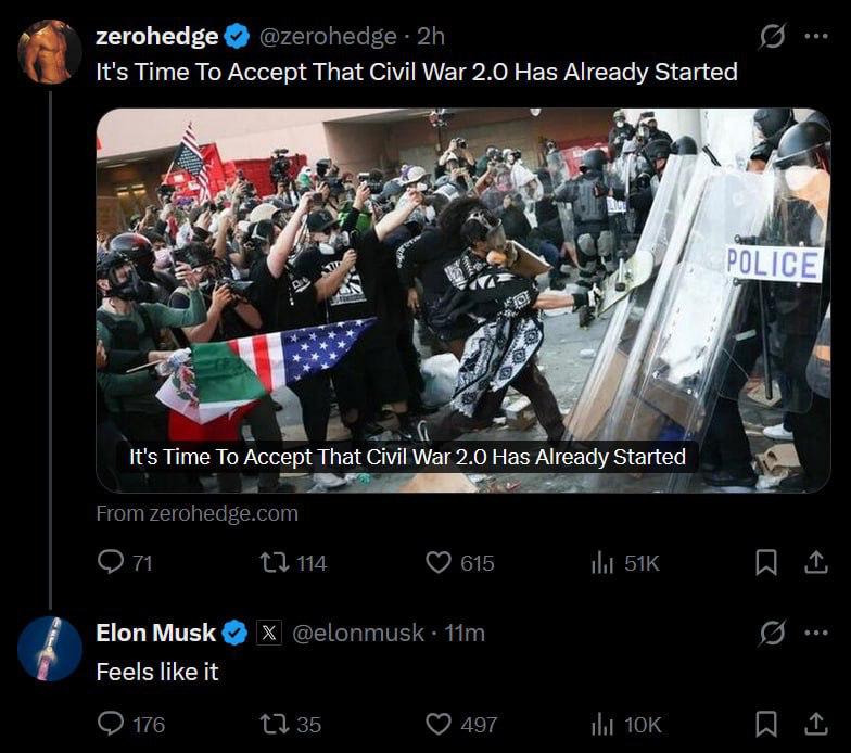 Elon Musk backs claim US drifting toward civil war